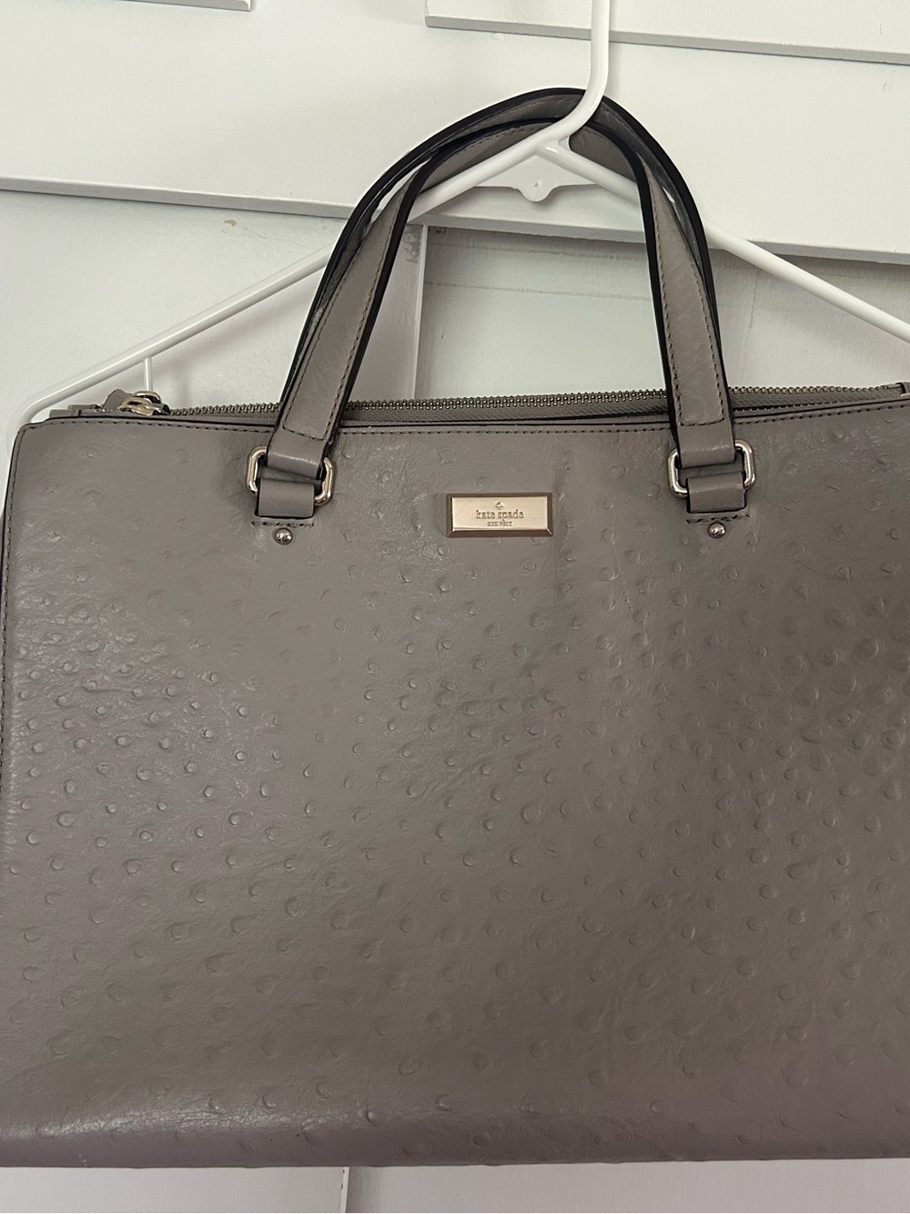 Kate Spade Bristol Drive Ostrich Loden Leather Satchel Tote Purse in Gray/Taupe